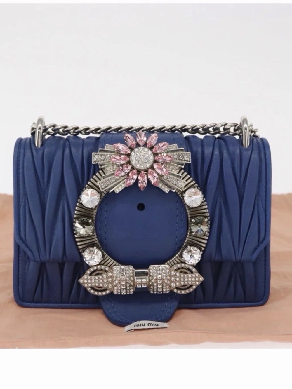 Miu Miu Matelasse Chain Shoulder Bag Leather Blue Silver Auth